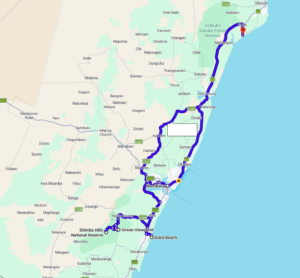Map of the Kenyan coast showing a driving route from near Malindi and the Arabuko Sokoke Forest Reserve in the north, south through Kilifi County, Mtwapa, and Mombasa, continuing to Shimba Hills National Reserve, Ocean Viewpoint, and ending at Diani Beach, with a blank white box overlaid near the middle of the route.