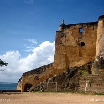 Fort Jesus, a historic Portuguese-built fortress on the Kenyan coast, with ocean views and a clear blue sky
