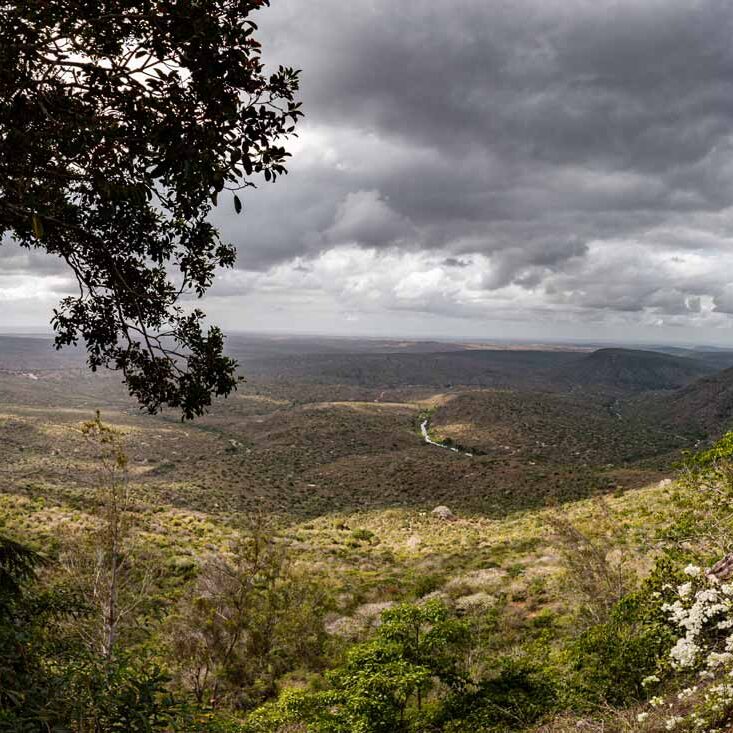 Panoramic view of the Great Rift Valley from a lodge terrace, with trees, railings, and dramatic clouds overhead