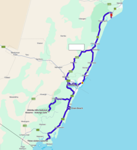 Map of the Kenyan coast with a driving route marked from Gede/Malindi in the north, through Kilifi County and Mombasa, down to Diani Beach and continuing to the Shimba Hills and Three Sisters Caves in the south, with a blank white box in the middle of the map.
