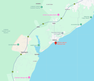Map of the Watamu coastal area in Kenya, showing Watamu Marine National Park marked with a red pin