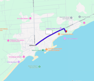 Map of Watamu, Kenya, showing a blue route line connecting Watamu town center to Papa Remo area along the coast, with nearby landmarks marked.