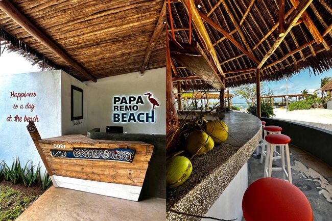 Two views of Papa Remo Beach bar, featuring a boat-shaped counter and an ocean-view bar with coconuts and red stools