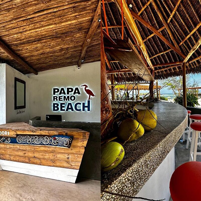 Two views of Papa Remo Beach bar, featuring a boat-shaped counter and an ocean-view bar with coconuts and red stools