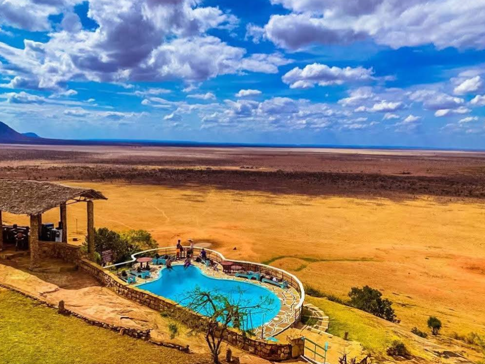 Aerial view of a kidney-shaped infinity pool with a stone-walled deck perched on a cliff edge, overlooking a vast golden savanna under a bright blue sky with scattered white clouds. A thatched-roof pavilion is visible in the left foreground