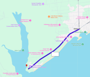 Map showing the route to Watamu Marine National Park along the Kenyan coast, with nearby landmarks and points of interest.